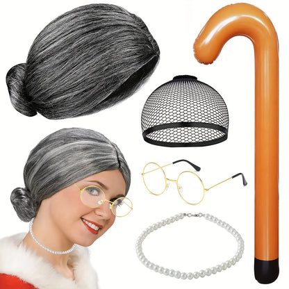 5pcs Grandma Cosplay Set Funny Old Lady Dress Up Set with Wig Caps Pearl Necklace Eye Glasses Crozier Chain Realistic Granny Costume Wig Old Lady Costume Set for Kids Halloween Masquerade Suitable for Teens, Suitable for Men And Women