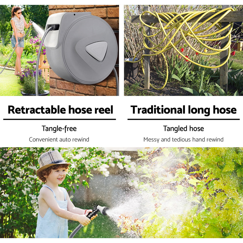 Water Hose Reel 20M Retractable Auto Rewind Spray Gun Garden