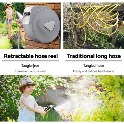 Water Hose Reel 20M Retractable Auto Rewind Spray Gun Garden