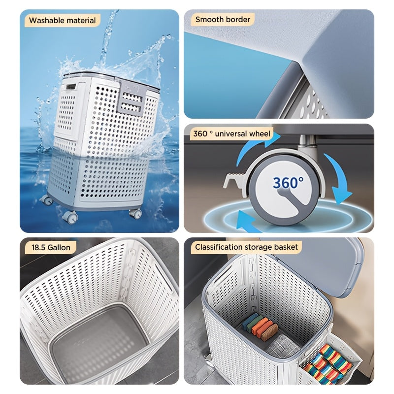 Joybos 70.03 L Laundry Basket with Lid, Handles And Wheels, Clothes Storage Bag,, Books, Home Storage Box (Pure White), Vertical Structure Space Saving Dirty Cloth Storage Basket Easy to Move And Clean, Laundry Baskets