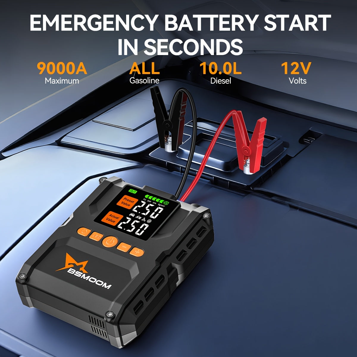 BSMOOM 9000A Portable Car Jump Starter | With Air Compressor, Car Battery Charger, 150PSI Tire Inflator, Inflate/Deflate Air Pump, Power Bank USB QC3.0 Outputs, LED Emergency Light, Rechargeable Battery, Digital Display, USB Dual Use