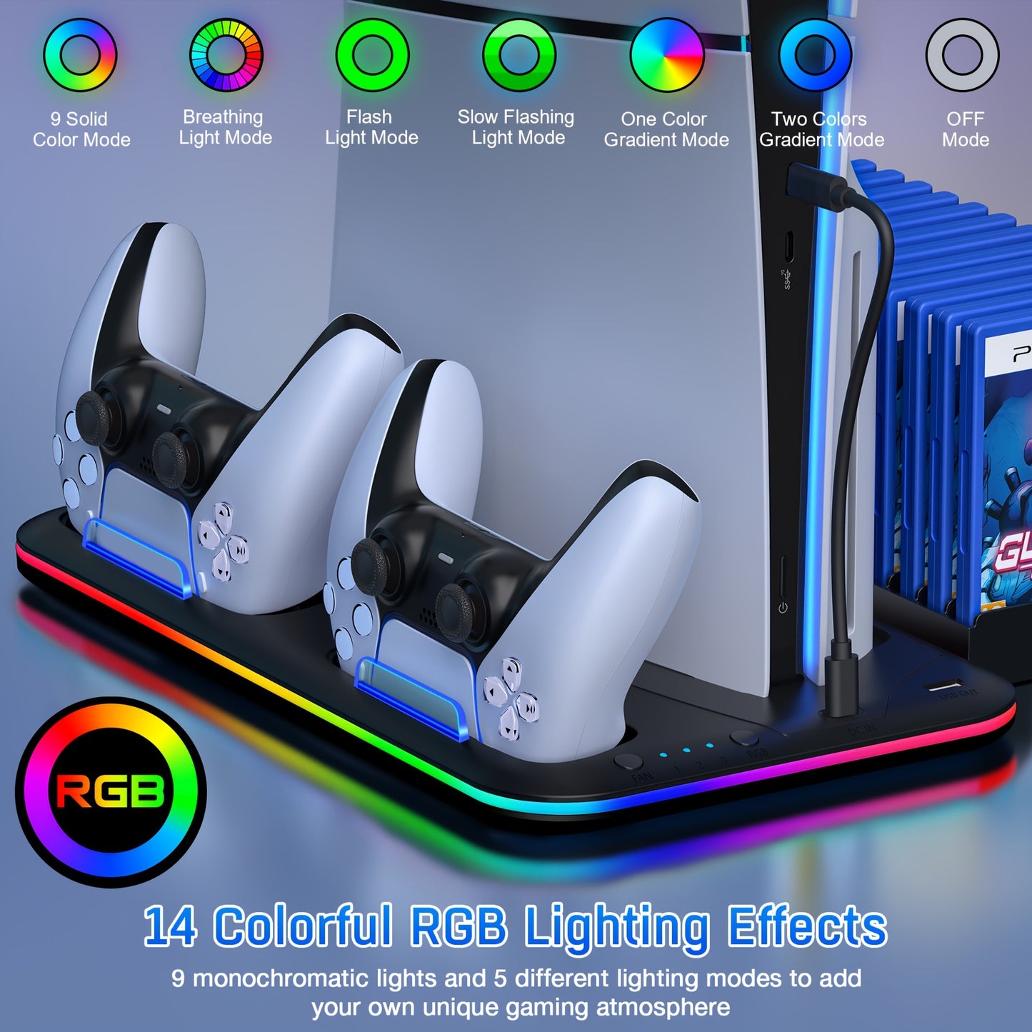 For Playstation 5 Stand Cooling Station, Featuring a Dual Controller Charging Station for PS5 Controller, with 3-Stage Cooling Fan, 13 Game Slots
