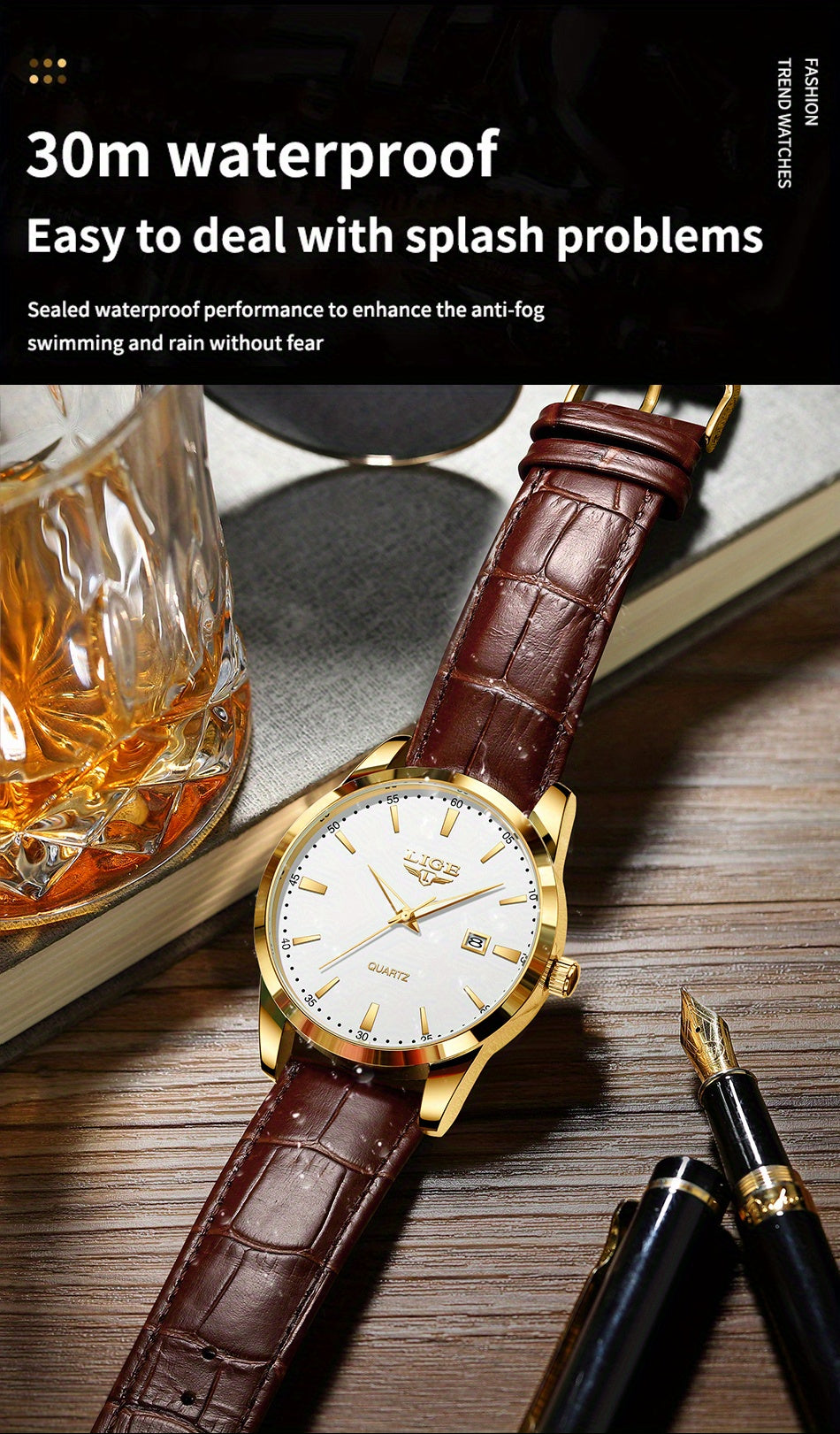 LIGE Fashion Brown Faux Leather Watch for Men, Sports Quartz Wristwatch, Casual Chronograph