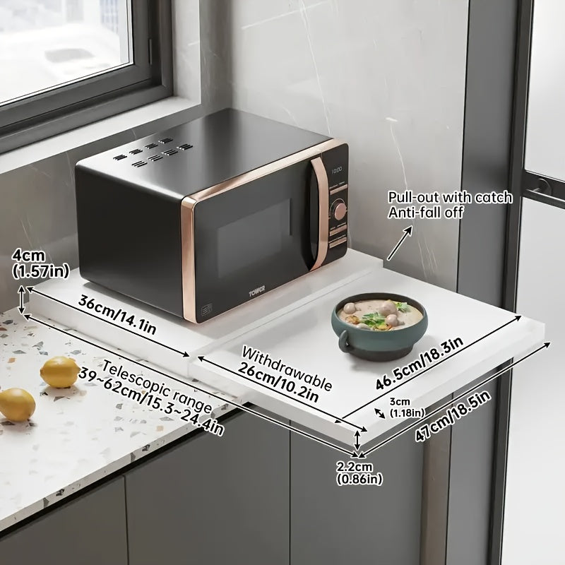 Multifunctional Kitchen Microwave Rack with Pull-Out Storage Drawer - Space Saving Microwave Rack, Multipurpose Organizer for Oven, Microwave, Coffee Maker, Modern Design, Efficient Space Saving, Easy Drill-Free Installation