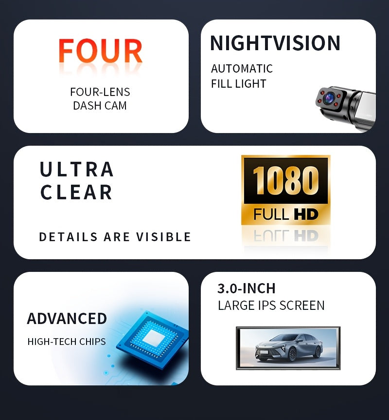Vehicle-mounted 4-channel 360-degree Panoramic Dash Cam, Featuring A 3-inch IPS HD Screen With Front And Rear Built-in Cameras, Four Lenses Covering Front, Rear, Left, And Right, 1080P HD Quality + 8 Infrared Night Vision, Loop Recording, G Sensor