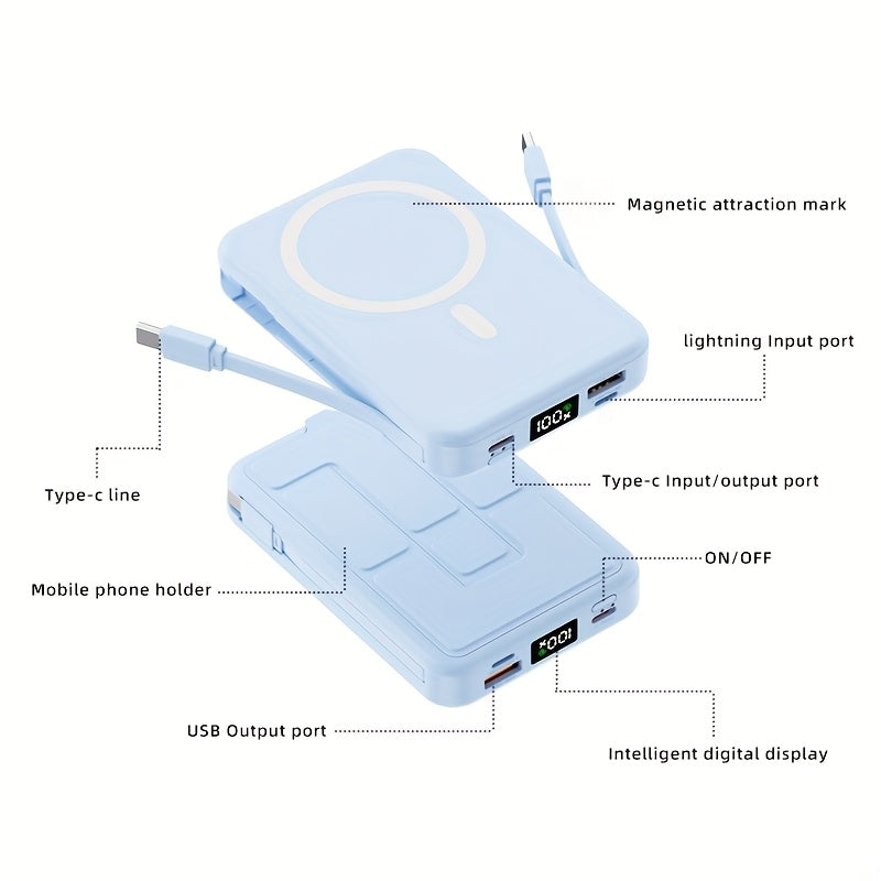 10000mAh Magnetic Power Bank - Fast Charging with Digital Screen - Built-in 2 Charging Cables - USB Portable Mobile Phone Power Bank - Can Charge 5 Devices At The Same Time - with Bracket - Compatible with iPhone 15/15 Plus/15 Pro/15 Pro Max/iPad