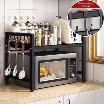 Heavy-Duty Retractable Microwave Stand Expandable Microwave Bracket with Storage Shelf, 6 Hooks, Chopstick//Cutting Board Holder - Adjustable Space-Saving Freestanding Shelf Suitable for Kitchen Countertops, Microwave Rack