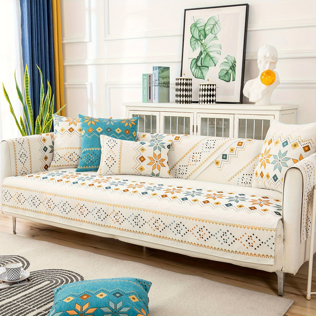 1pc Bohemian Chenille Sofa Cover with Geometric Embroidery - Pet-Friendly Thick Plush Slipcover, Non-Slip One-Piece Design for Sectional Couches, Machine Washable Furniture Protector for Living Room, Bedroom, Office Decor, Durable Slipresistant Fabric