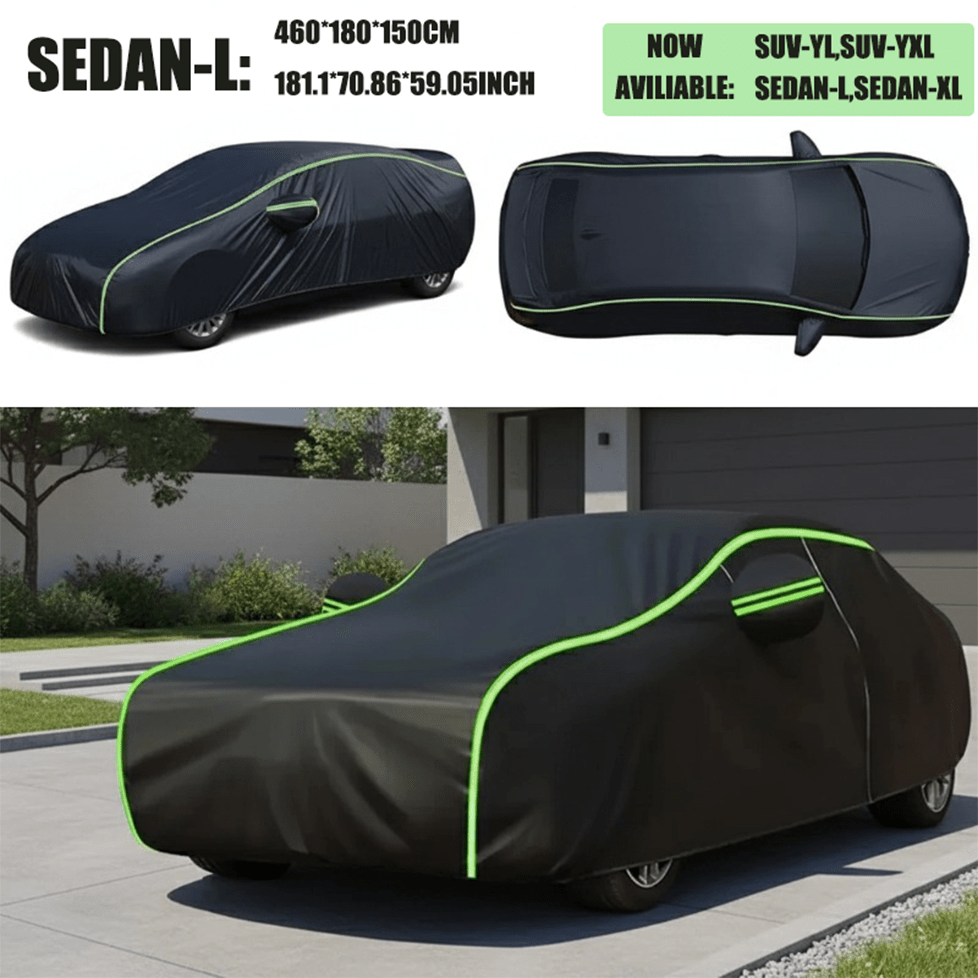 Professional car cover set available in four precise sizes SUV-YL SUV-YXL Sedan-L Sedan-XL, crafted from high-strength 100% polyethylene tarpaulin material offering exceptional sturdiness and durability, complete waterproof protection layer effectively pr
