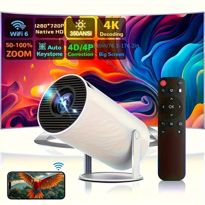 HY300 Pro Mini Portable Projector, Local 1280 X 720P Supports 4K/350ANSI Smart Projector with Wifi 6 BT 5.0, Screen Adjustment, 180 Degree Rotation, Home Video Projector Built-In Android 11.0 OS