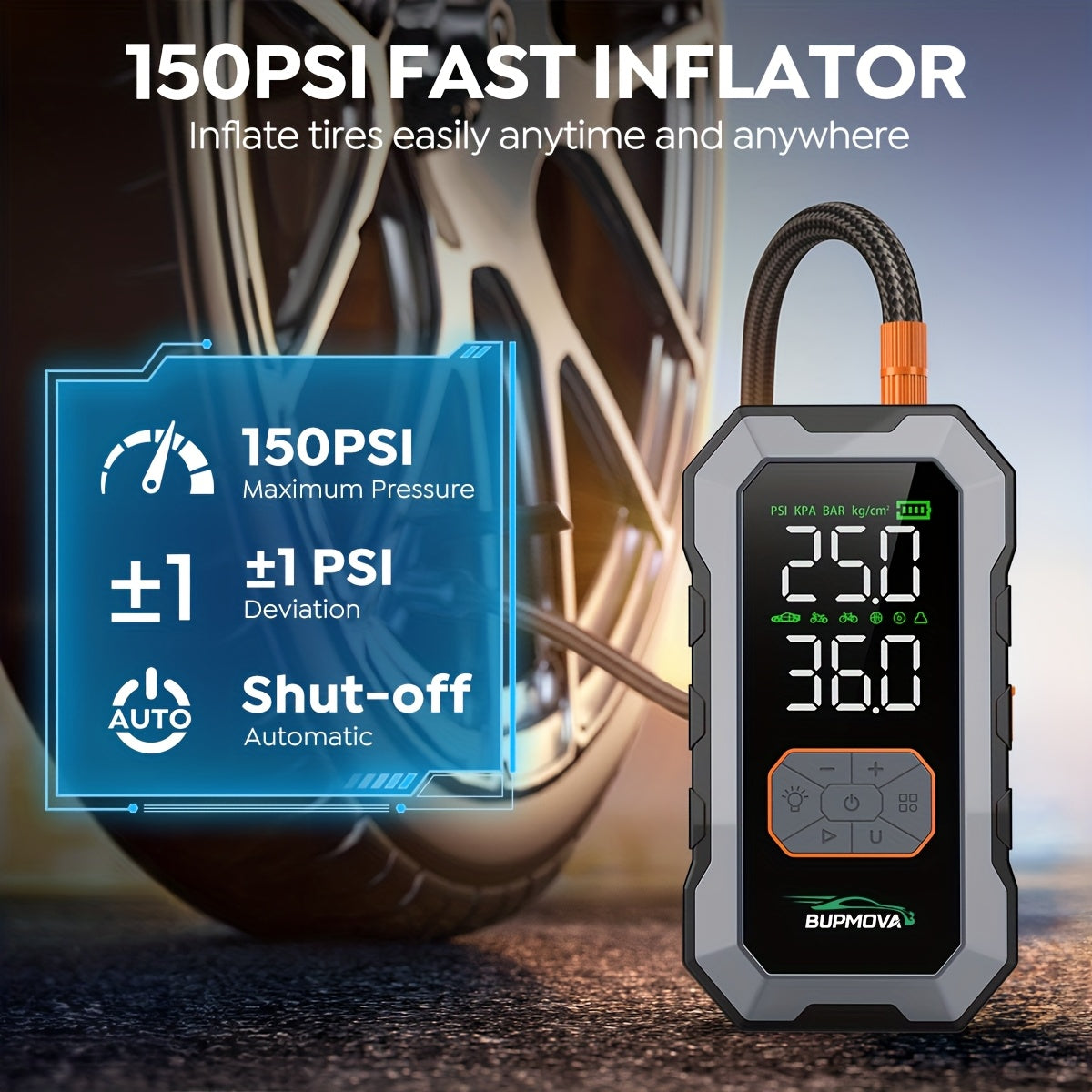 9000A Car Jump Starter with Air Compressor Cordless Tire Inflator, 25000mAh Battery Booster with Power Bank Pack & LED Flashlights, 12V Auto Jumper Box for All Gas Or 10.0L Diesel Vehicles, Dual Air Pressure Display