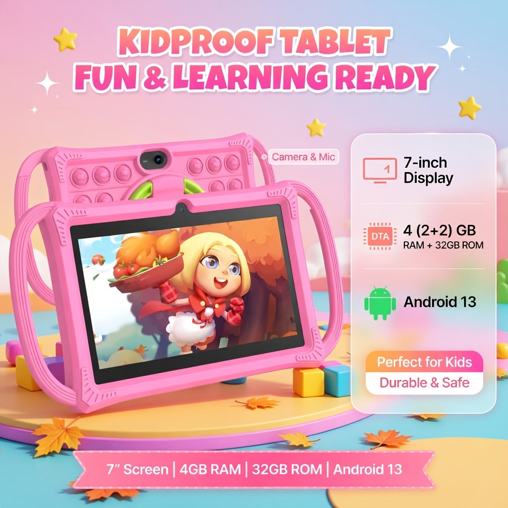 Android 13 7-inch Kids Tablet. 4GB(2+2GB expansion) RAM and 32GB ROM (expandable to 1TB). It features a Quad-Core CPU, a 1024*600 IPS HD screen delivers clear visuals. WiFi6, BT, Dual Cameras, Parental Controls, and an included durable case, it's a intera