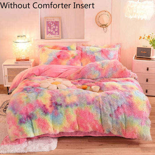 Wajade Plush Duvet Cover Set 3pcs - Luxury Ultra Soft Fluffy Fuzzy Comforter Cover with 2 Pillow Shams Faux Fur Bedding, Full Size, Rainbow Pink