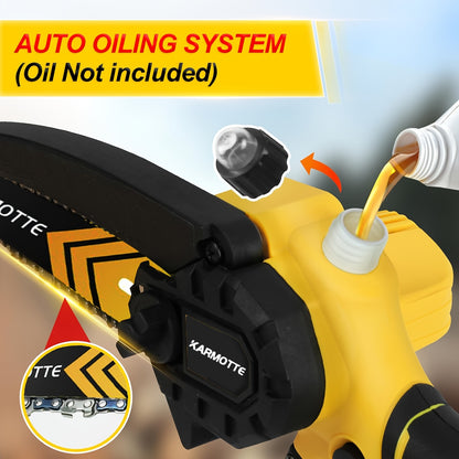Mini Chainsaw 6-Inch & 8-Inch Brushless with 2-Pack 2000mAh Batteries And 2-Pack Chains, Auto Oiler System, Toolless Adjustment Lightweight Portable Design for Tree Trimming, Wood Cutting, Camping Garden & Household Use