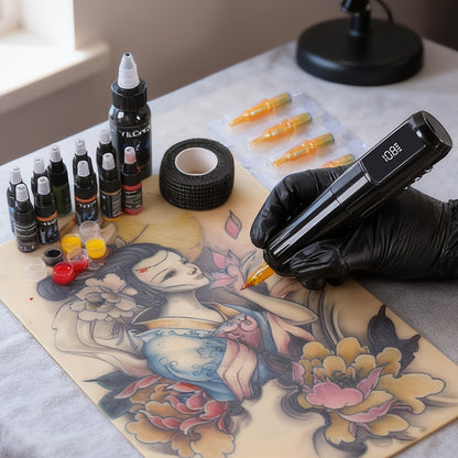 YILONG Wireless Tattoo Machine Kit Complete, Rotary Tattoo Gun, 7 Hour Battery Life, Cordless Tattoo Pen, 10 Cartridge Needles, 10 Ink, Extra Black Ink,, Transfer Gel, 1 Green Algae,, Full Tattoo Supply Equipment for Beginners, Body Art Makeup Gift