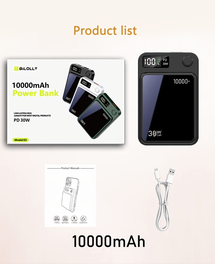 Magnetic Wireless Charging Power Bank, 10000mAh Battery 30W PD Fast Charging Power Bank, 15W Fast Wireless Charging, 2 Outputs And Dual Input External Battery Pack Compatible With Apple 17/16/15/14/13/12/11Pro Max Air And Other Android