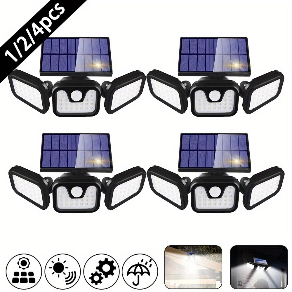 1/2/4pcs Solar Outdoor Lights, 74Leds 2000LM Motion Detector Outdoor Lights Solar Powered Lights, 3 Heads Security Flood Lights, 270° Wide Angle Wall Lights for Patio, Yard, And Walkway