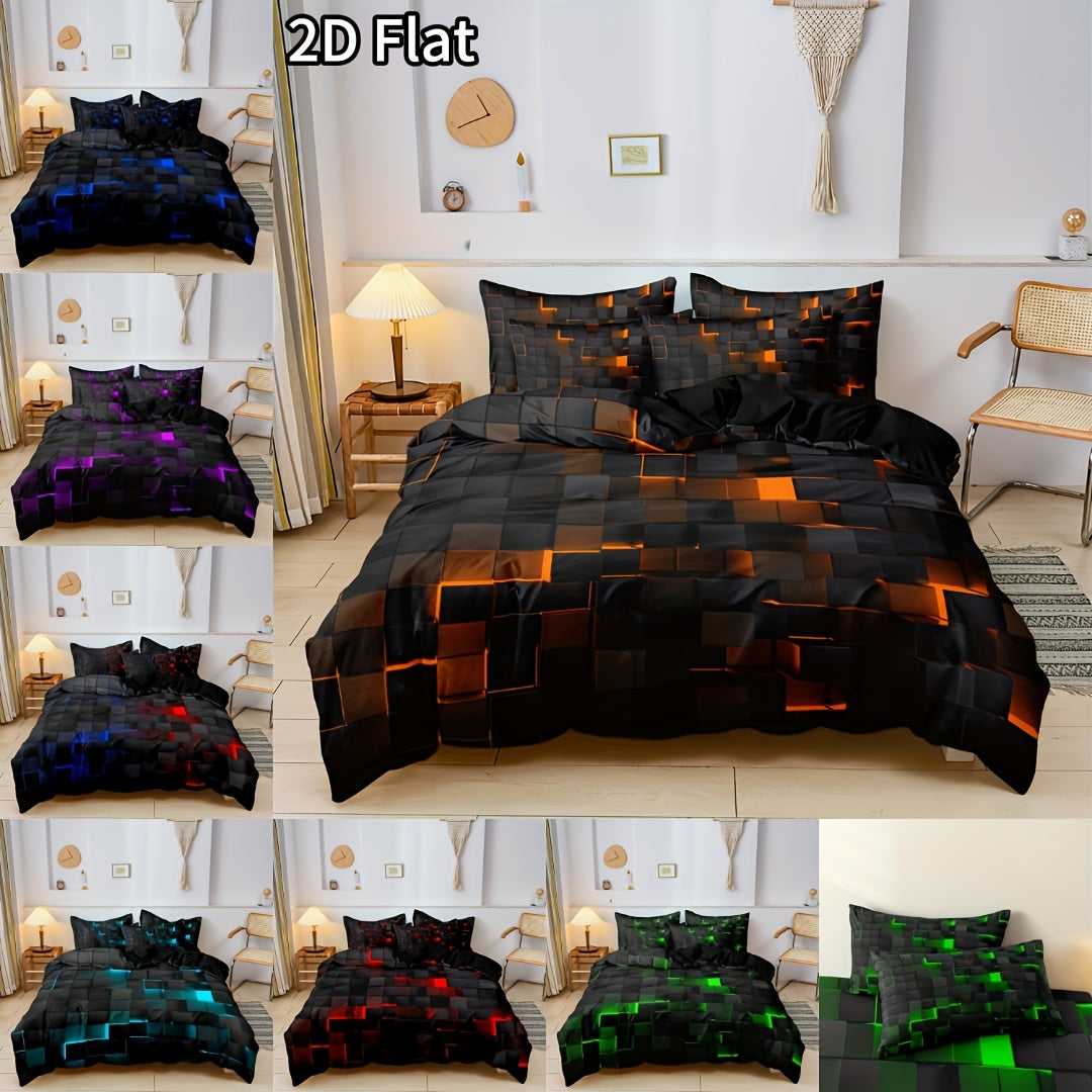 3pcs 2D Flat Geometric Grid Pattern Design Quilt Duvet Cover Set (Includes 1*Duvet Cover And 2*Pillowcases, Core Not Included), Soft Comfortable Bedding, for Bedrooms/Room/Dormitory/ Decorations, Gifts, Queen/ King Size Bed, Local Warehouse