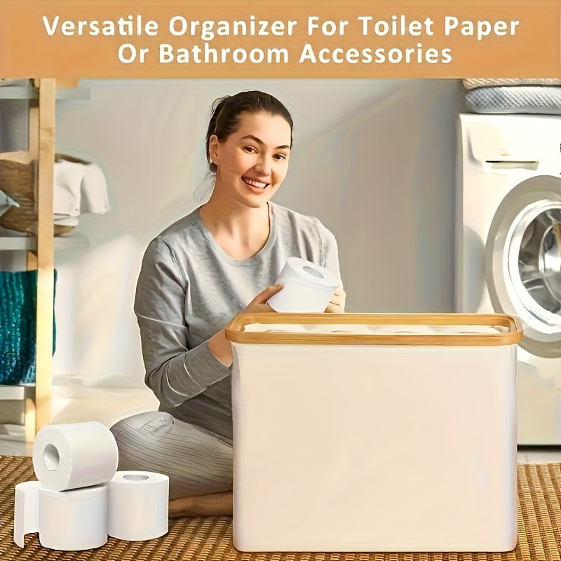 Toilet Paper Storage Basket, Papers Container with Bamboo Lid, Medium Toilets Holder for Up to 12 Rolls, Toilet Paper Storage Cabinet for Bathroom, Multi-Functional Collapsible Storage Basket, Toilet Paper Storage Containers