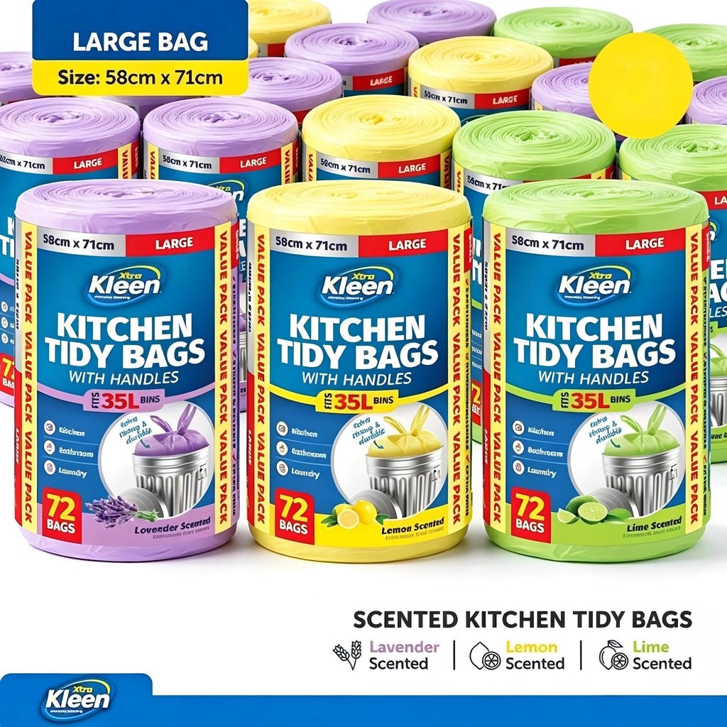 one Rolls 72 pcs Scented Large Bin Liner Kitchen Tidy Garbage Bag with Handle 35L 58cm x 71cm Scented: Lavender or Lemon or Lime