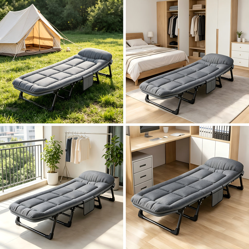 Portable Folding Bed Camping Cot with Thick Comfort Mattress 6 Adjustable Positions Heavy Duty Strong Frame Lightweight Foldable Easy Carry for Travel Camping Guest Home Office All Seasons Local Warehouse Fast Dispatch Practical Thoughtful Gift