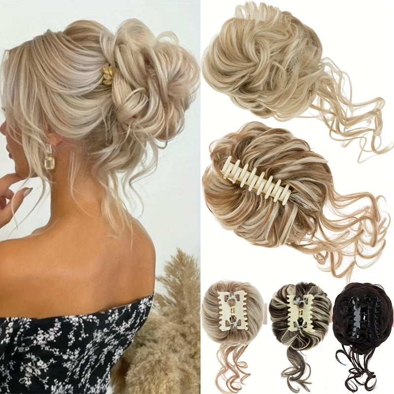 25.4cm Claw Clip Messy Bun Hairpieces Wavy Curly Hair Bun Clip In Claw Chignon Ponytail Hairpiece Tousled Updo Hair Extensions Synthetic Scrunchies Hair Piece for Women, Honey Blonde/Platinum Blonde, Versatile & Easy to Style