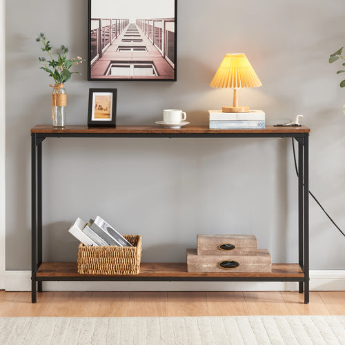 FORESREEN Console Table with Charging Station, 120cm Entryway Table with Shelves, 2-Tier Narrow Sofa Table, Long Behind Couch Table, for Entryway, Foyer, Living Room, Hallway