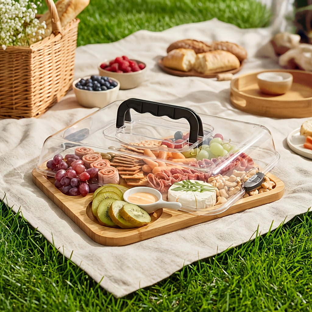 [Portable Bamboo Cheese Tray] Portable Bamboo Cheese Tray with Transparent Acrylic Lid | Decorative Food Board for Charcuterie, Appetizers, Desserts, Cheese & Meat Boards - Suitable for Christmas, Halloween, Thanksgiving, Valentine's Day & Parties