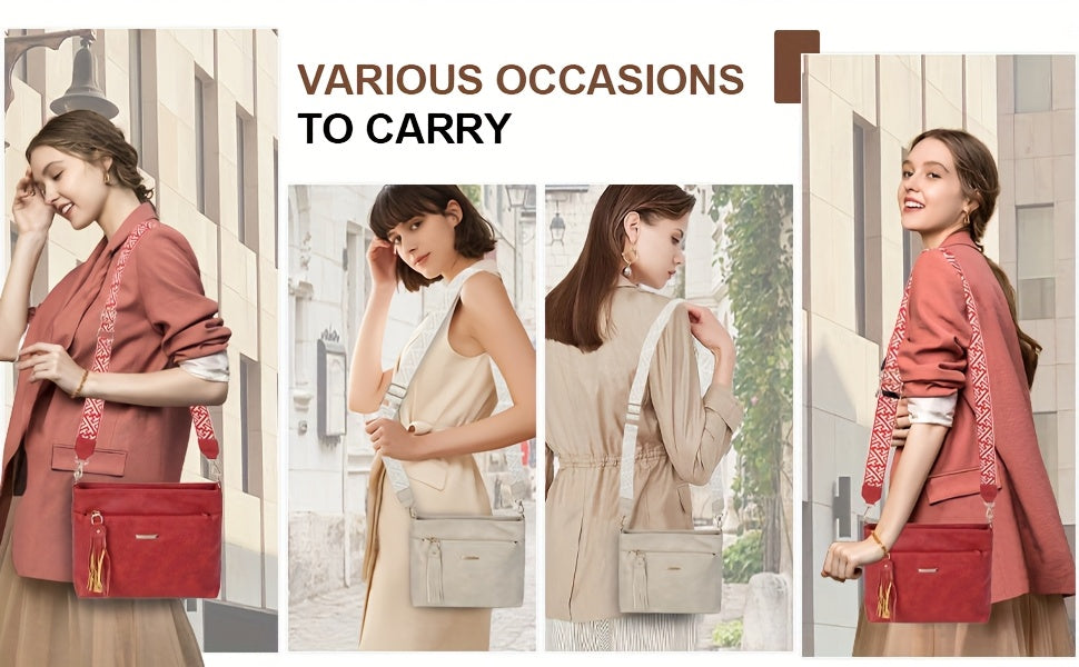 Large-capacity Women'S Single-shoulder Crossbody Bag |, Color-blocked Square Design with Frill Accents, Wide Adjustable Shoulder Strap, Zipper Closure
