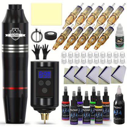 YILONG Wireless Aluminum Alloy Tattoo Gun Kit, Rotary Tattoo Pen Digital Screen, 1500mAh Battery, Portable Tattoo Pen Kit Supply Equipment, Complete Cordless Tattoo Machine Kit for Beginners And Artist