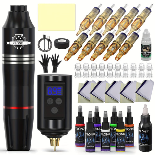 YILONG Wireless Aluminum Alloy Tattoo Gun Kit, Rotary Tattoo Pen Digital Screen, 1500mAh Battery, Portable Tattoo Pen Kit Supply Equipment, Complete Cordless Tattoo Machine Kit for Beginners And Artist