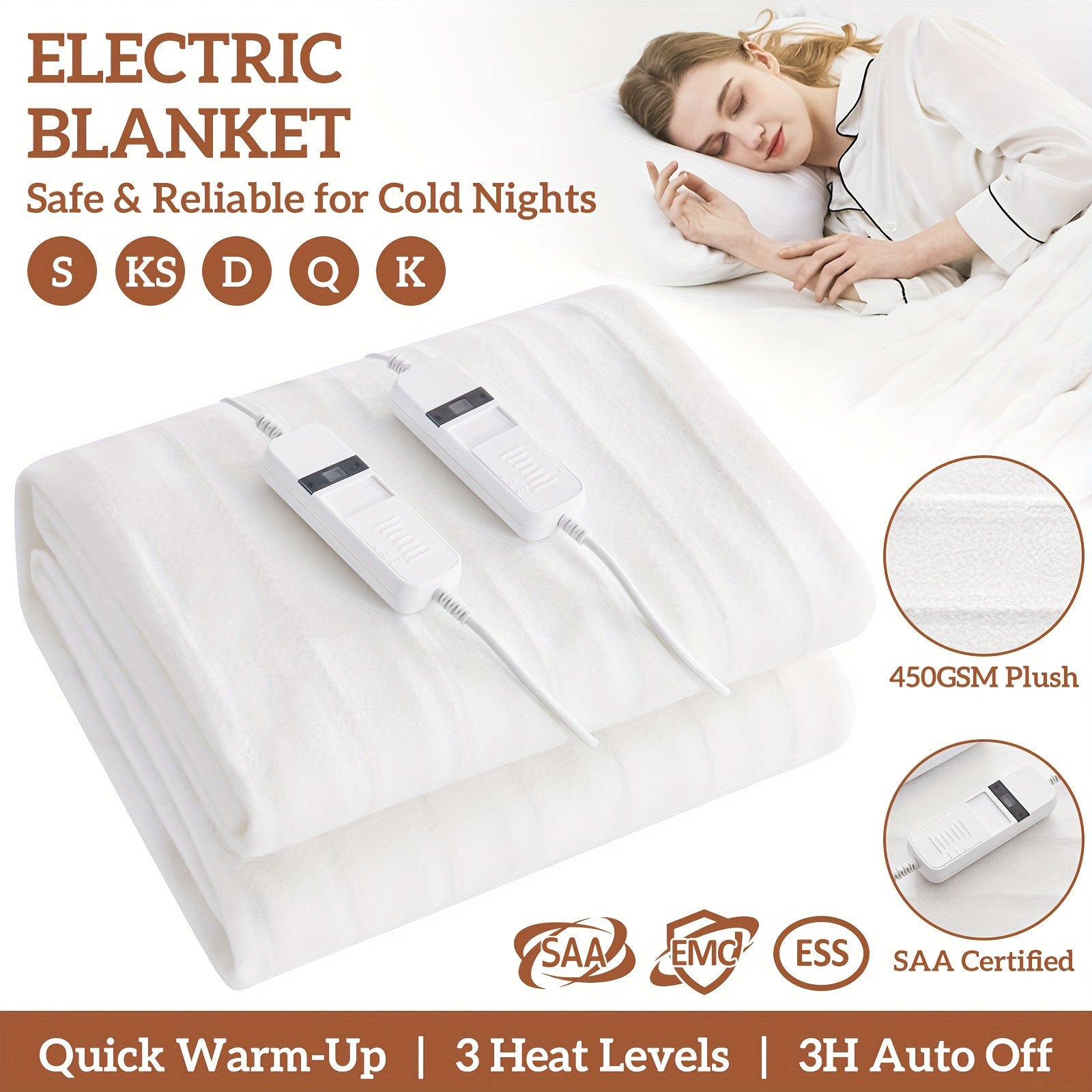 Fully Fitted Electric Blanket - 3 Heats Setting, Overheat Protection, 3 Hours Auto Off, Dual Control (D/Q/K Size), Safety Underblanket For Cold Winter Night