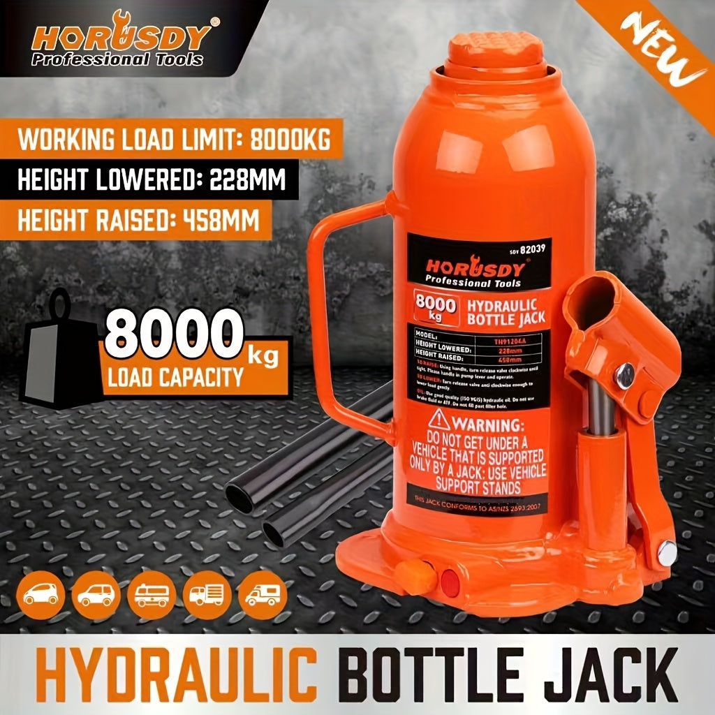 8000KG Bottle Jack, 8 Ton Hydraulic Welded Jack With Carry Handle And Pump Handle For Automotive And Industrial, Orange