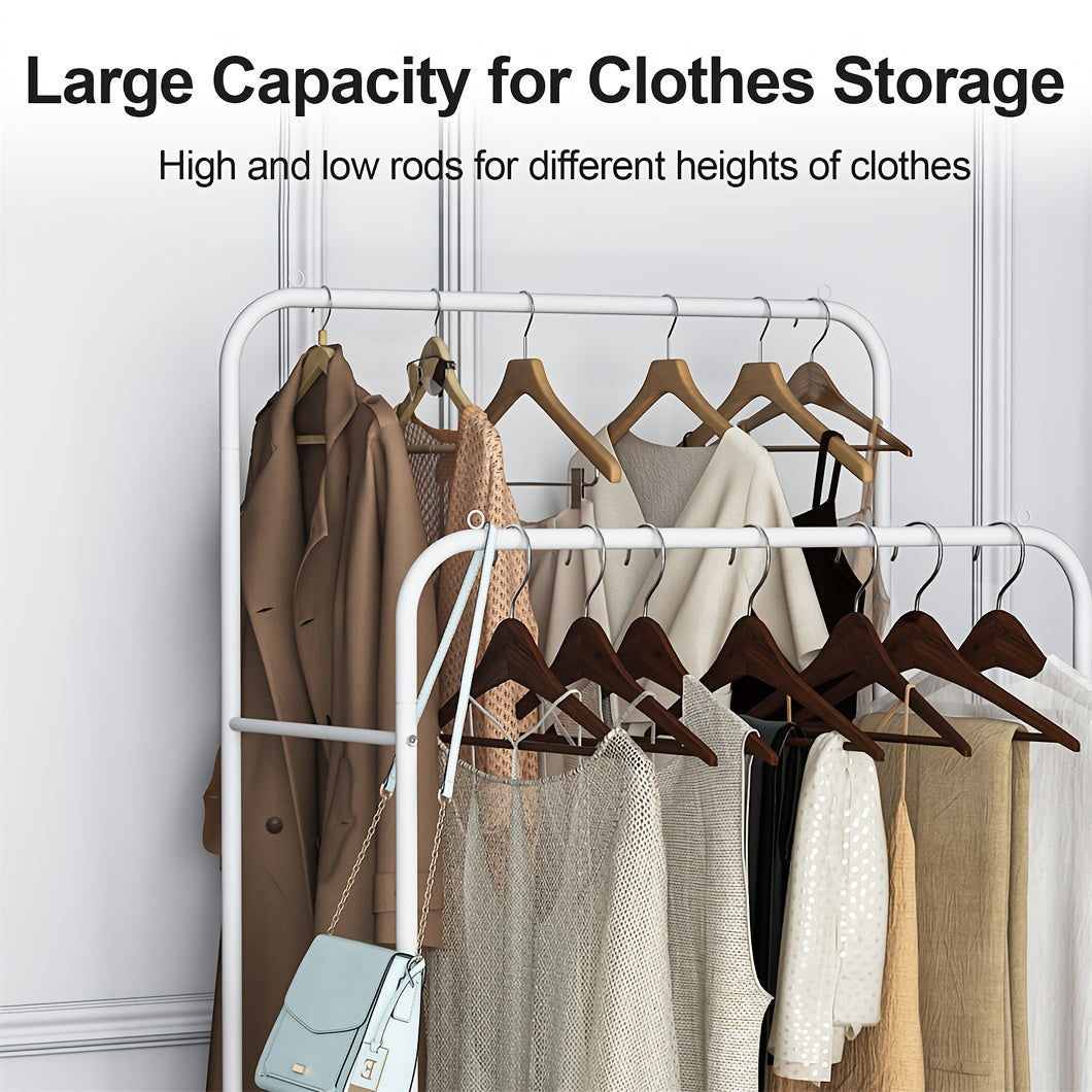 Heavy-Duty White Metal Industrial Pipe Clothes Rack with Hanging Rail, Storage Shelf & Wheels - Freestanding Garment Hanger Stand Suitable for Apartment, Bedroom, Door Side Wardrobe, Space-Saving Clothing Shelf System
