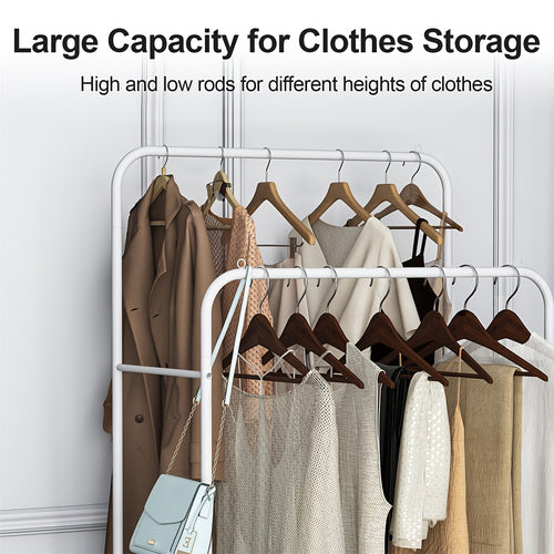 Heavy-Duty White Metal Industrial Pipe Clothes Rack with Hanging Rail, Storage Shelf & Wheels - Freestanding Garment Hanger Stand Suitable for Apartment, Bedroom, Door Side Wardrobe, Space-Saving Clothing Shelf System