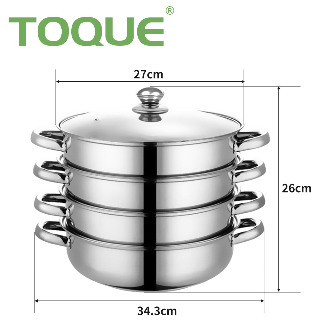 TOQUE 3 or 4 Layer Stainless Steel Steaming Pot – Heavy Duty Kitchen Steamer for Meat, Vegetables & Seafood, Compatible with Gas, Electric & Induction Cooktops