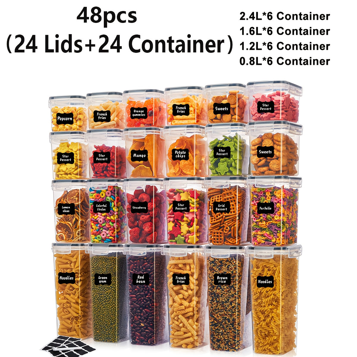 6/12/14/30/48/72pcs (6/7/15/24/36lids+ 6/7/15/24/36jars)Sealed Food Storage Containers With LIDS - Perfect For Kitchen And Pantry Organization, Durable Plastic, Ideal For Grains, Rice, Pasta, Tea, Nuts And Coffee Beans