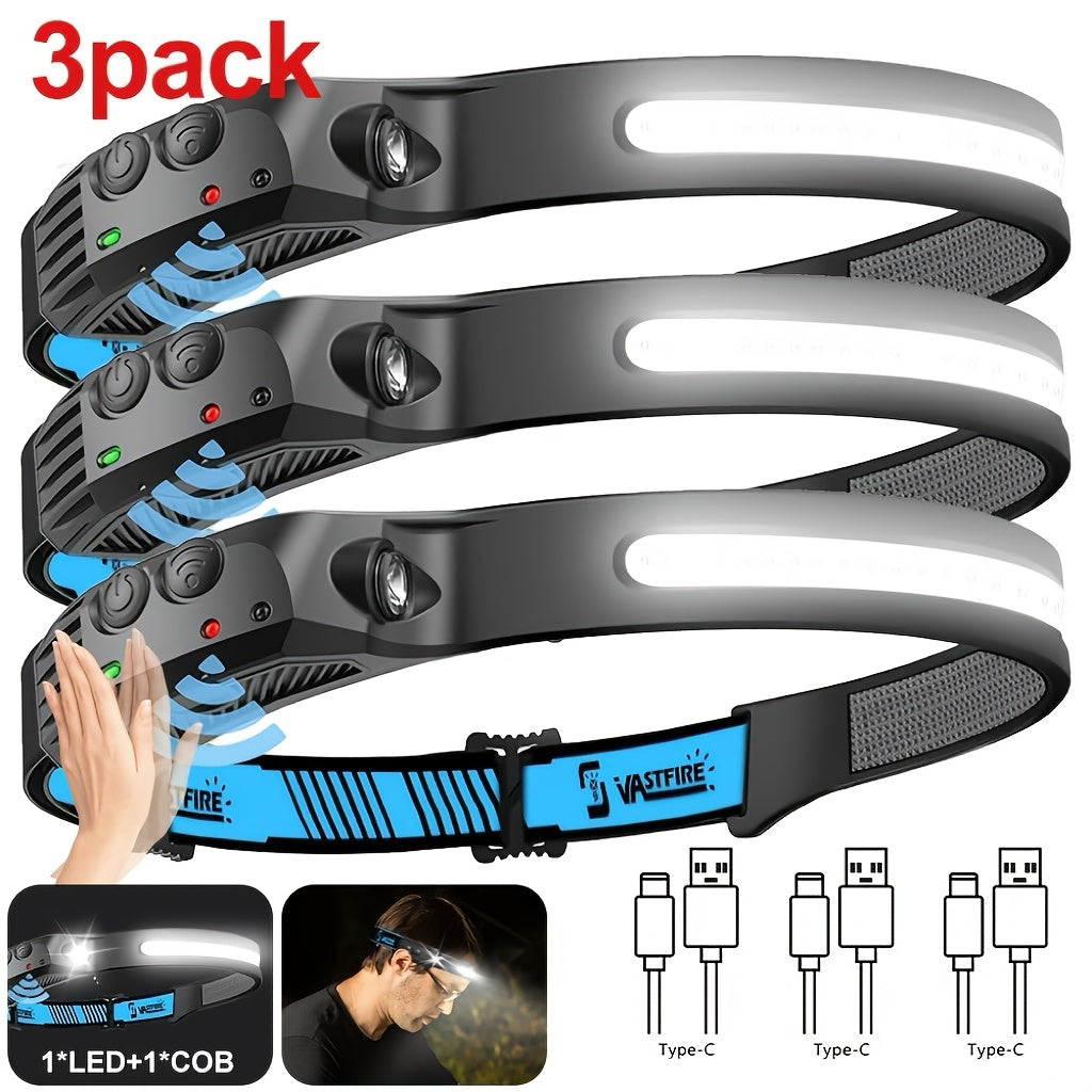 3pcs Outdoor Sensing LED Headlights, USB Rechargeable COB Headlights, Suitable for Outdoor Hunting, Nighttime Cycling, Nighttime Fishing, Camping, Exploration, Daily Activities And Other Outdoor Scenarios