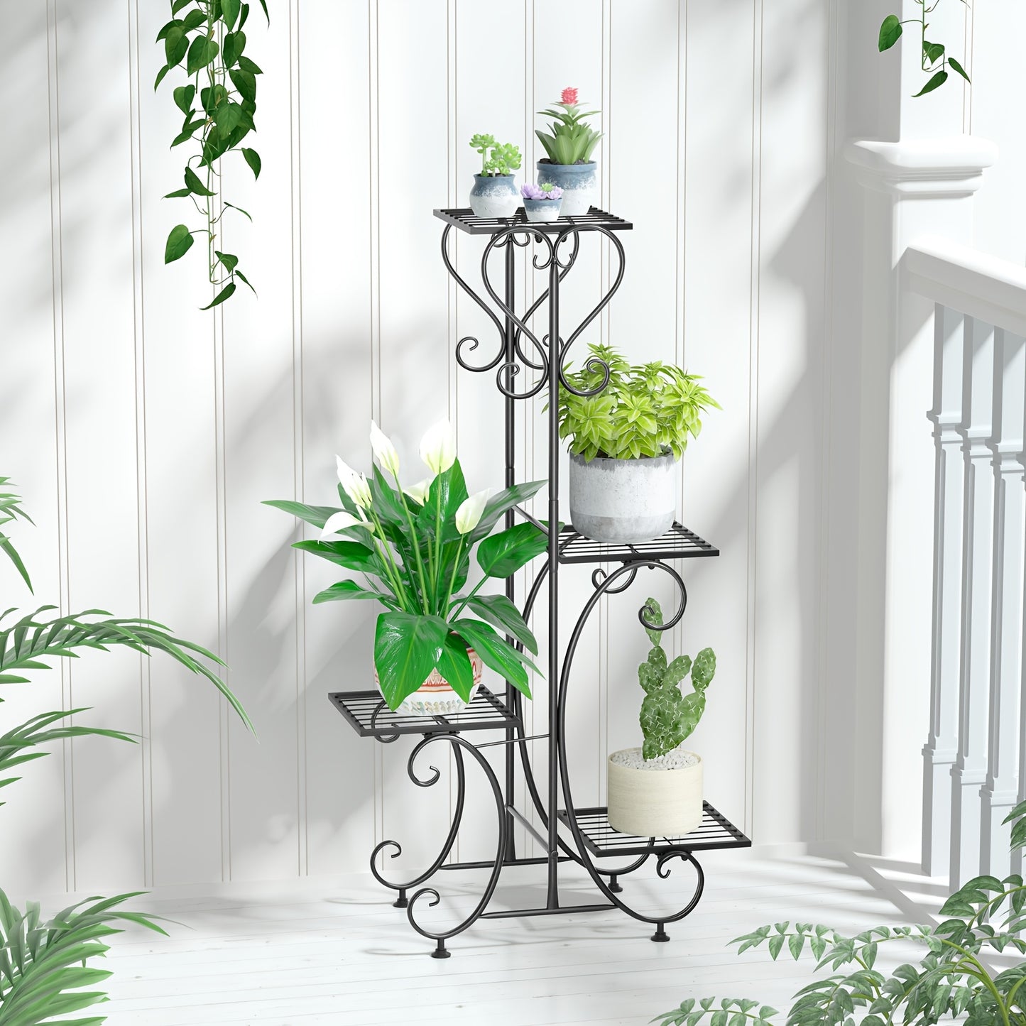 Black 4-Tier Metal Plant Stand for Indoor And Outdoor Use, Ideal for Displaying Flower Pots in Gardens, Patios, Balconies, And Backyards