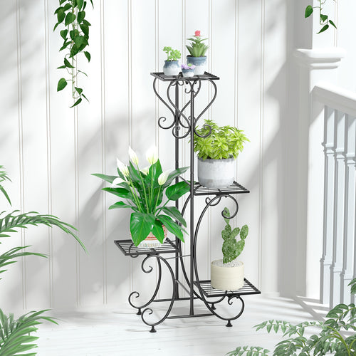 Black 4-Tier Metal Plant Stand for Indoor And Outdoor Use, Ideal for Displaying Flower Pots in Gardens, Patios, Balconies, And Backyards