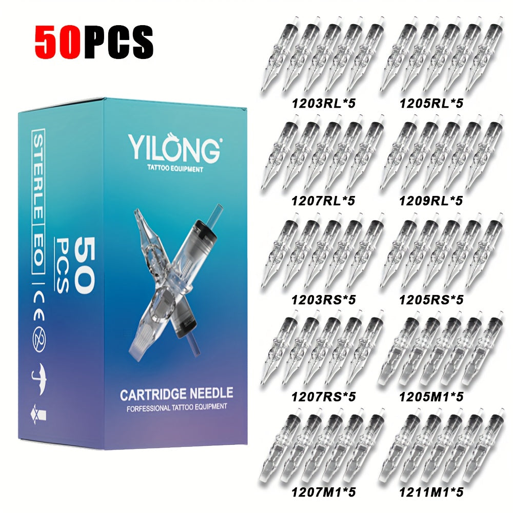 20/50pcs Mix Tattoo Cartridge Needle Set - Mixed RL/RM/RS/M1 Sizes for Artists & Beginners, Fragrance-Free Body Art Supplies By YILONG, Disposable Tattoo Needles