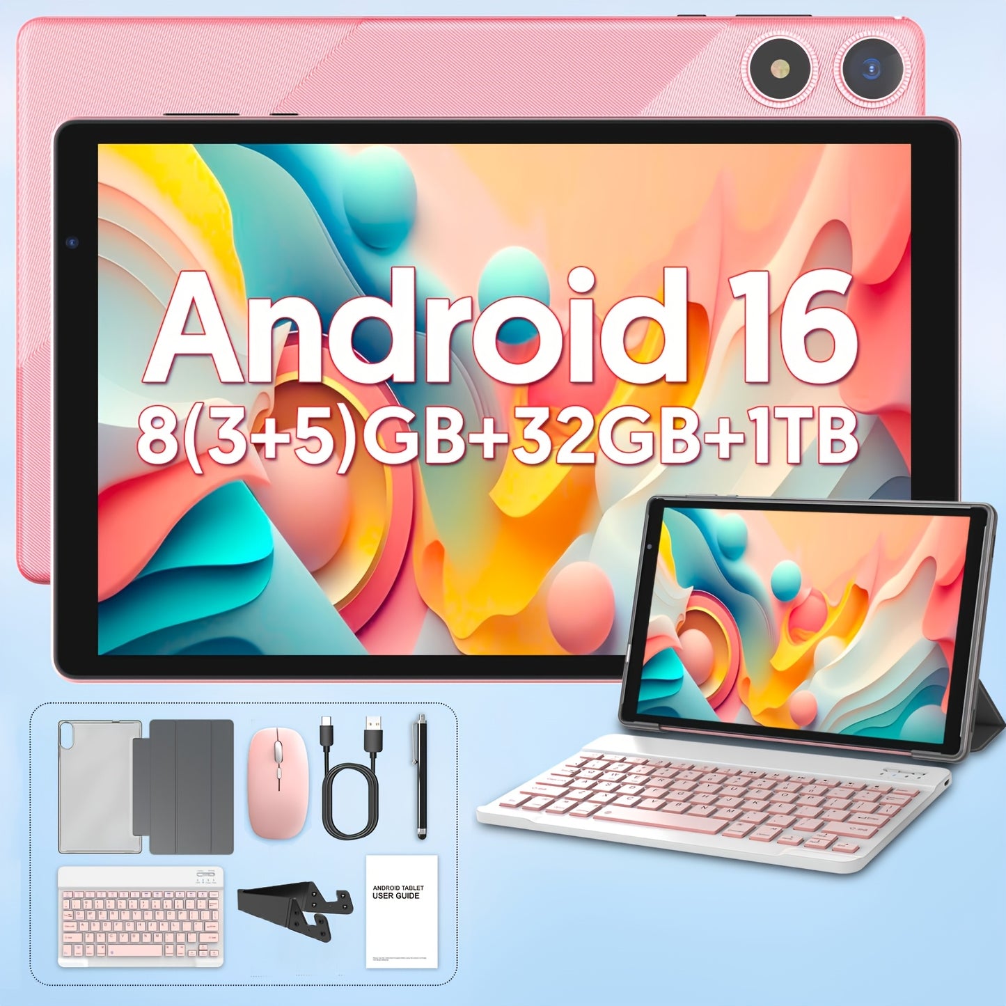 10-inch Android 16-inch Tablet: 8 (3+5) GB RAM + 32GB ROM, 1TB Expansion, 6000mAh Long-lasting Battery Life, High-speed WiFi Connectivity, Dual HD Cameras for Conference Calls, Suitable for Office Work, Study And Entertainment. Pink Set Available