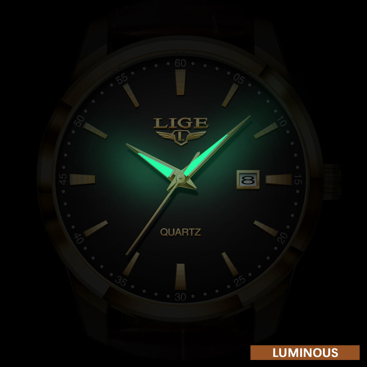 LIGE Fashion Brown Faux Leather Watch for Men, Sports Quartz Wristwatch, Casual Chronograph