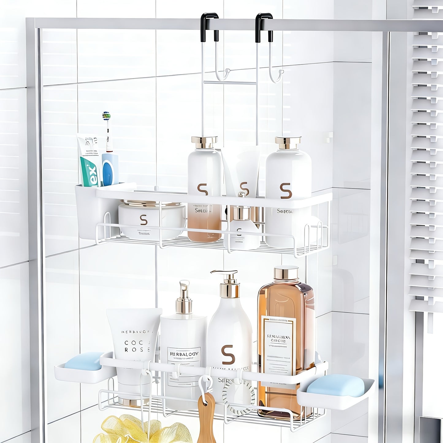 Over the Door Shower Caddy Hanging: Black Rustproof Shower Organizer Over the Door - No Drilling Bathroom Rack for Inside, Shower Caddies