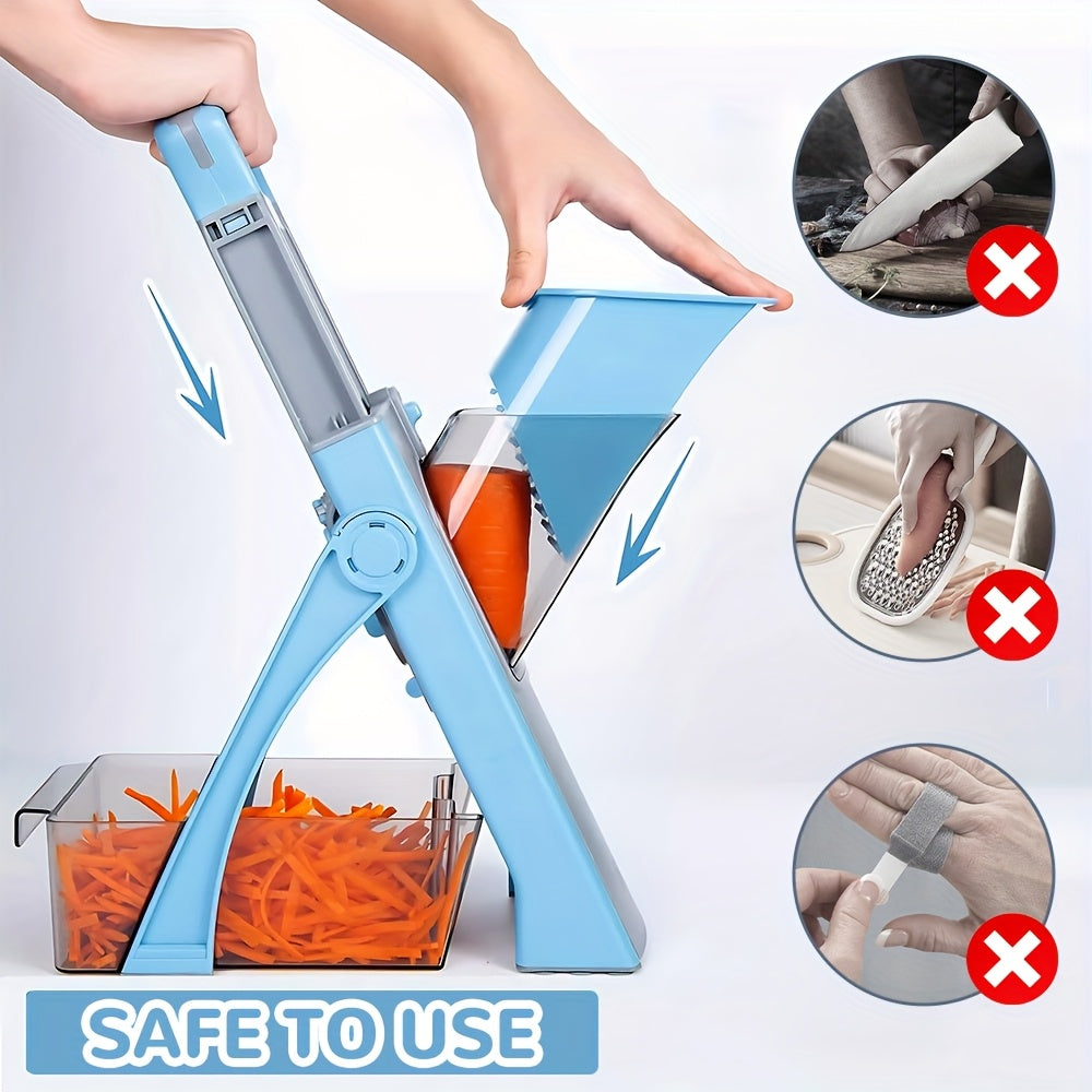 4-in-1 Vegetable Cutter Manual Fruit Slicer with Adjustable Detachable Stainless Steel Blade, Foldable Design & Large Capacity ABS Container for Shredding, Slicing, Stripping, Dicing - Compact Kitchen Tool for Efficient Food Prep, Vegetable Slicer, Meal P