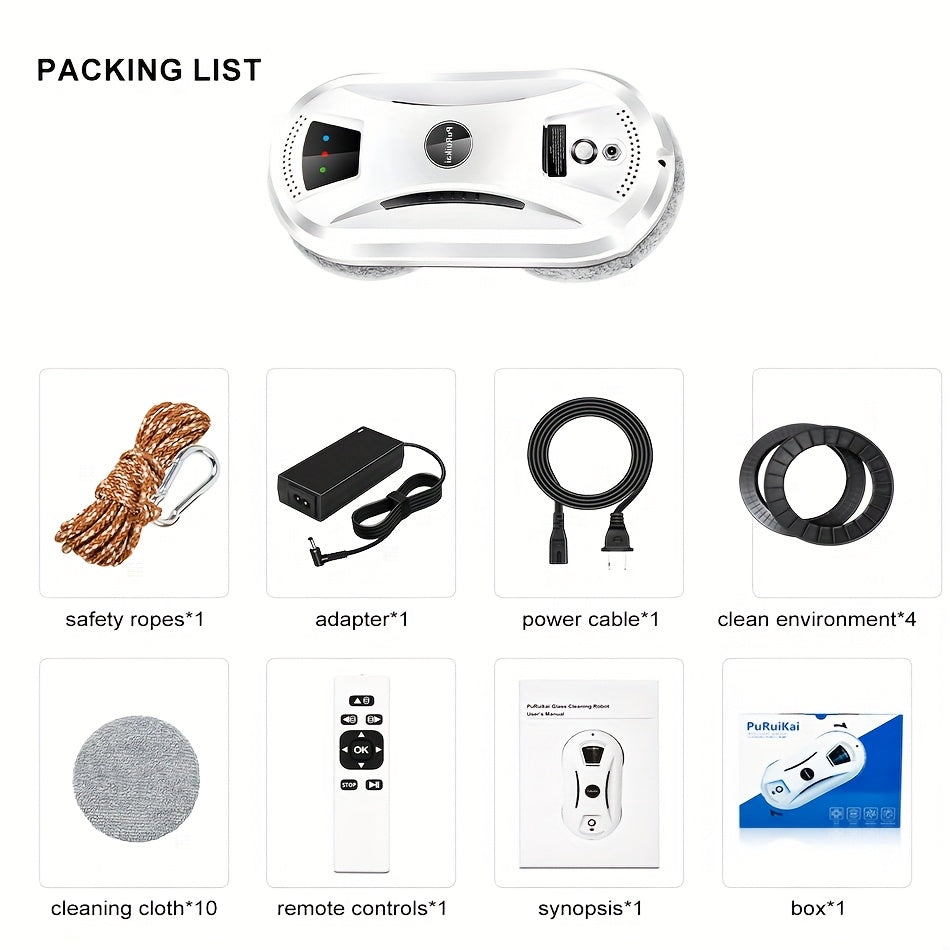 【 2026 New Plug in 】 PuRuiKai Fully Automatic Window Cleaning Robot | Continuous Power Supply+Intelligent Remote Control | 4.5-meter Anti Fall Safety Rope | Includes 10pcs Cleaning Cloth+Spray Bottle | Ready to ship from local warehouse