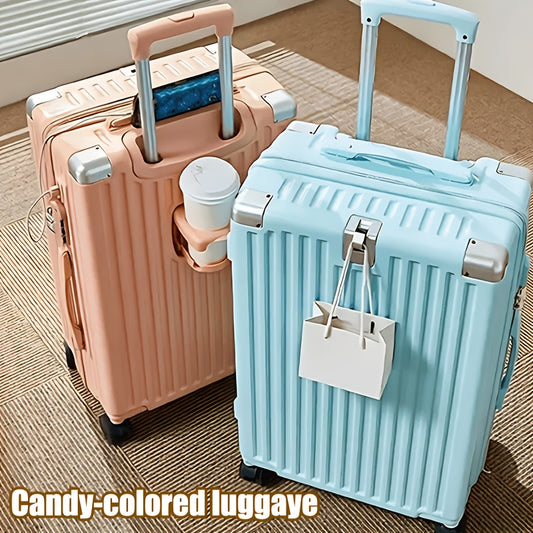 Macaron-colored Carry-on Suitcase Under 20 Inches, Integrated with Portable Hooks, Cup Holders, and USB Charging Ports, Making Travel More Convenient. Equipped with Lightweight Omnidirectional Wheels, Alloy Corner Guards, and Combination Locks, the L
