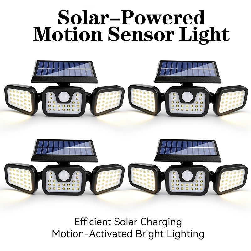 2/4pcs Solar Outdoor Light Three-Head Motion Sensor Wall Light, 74 LED Lights 270° Wide Angle Lighting 100M Lighting Range with 3 Modes, Suitable for Garden, Courtyard, Street, Garage, Terrace, Porch Lighting