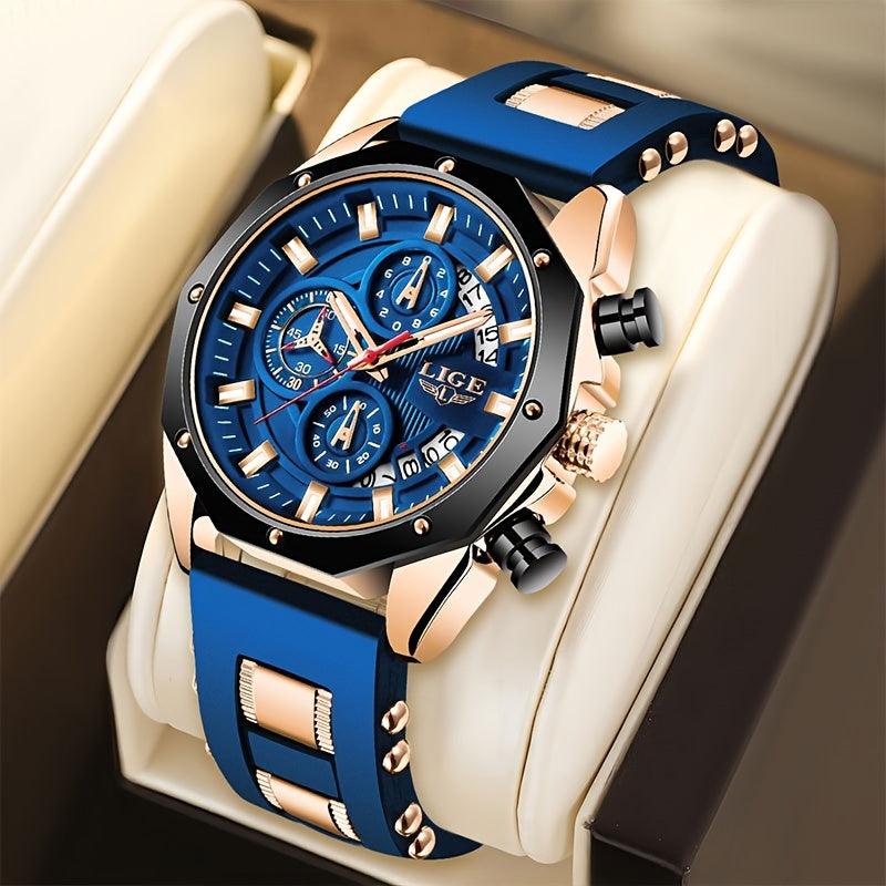 LIGE Watch 2026, Men's Watch, Fashion Watch, Analog Watch, Youth Watch, Outdoor Sports Watch, Calendar Display, Blue Watch, Black Watch, Birthday Gift, Graduation Gift, Holiday Gift, Stopwatch, Watch Gift for Men.