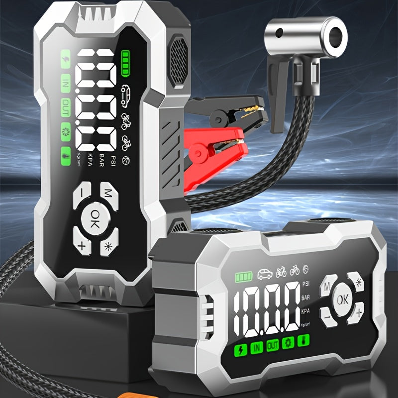 9000A Cordless Car Jump Starter With Air Compressor, LED Flashlight & Power Bank - Portable 12V Battery Booster For Gas & Diesel Vehicles (Up To 10.0L), Includes Smart Cables With Voltage Display, 10 Advanced Safety Protections, Heavy-Duty Design